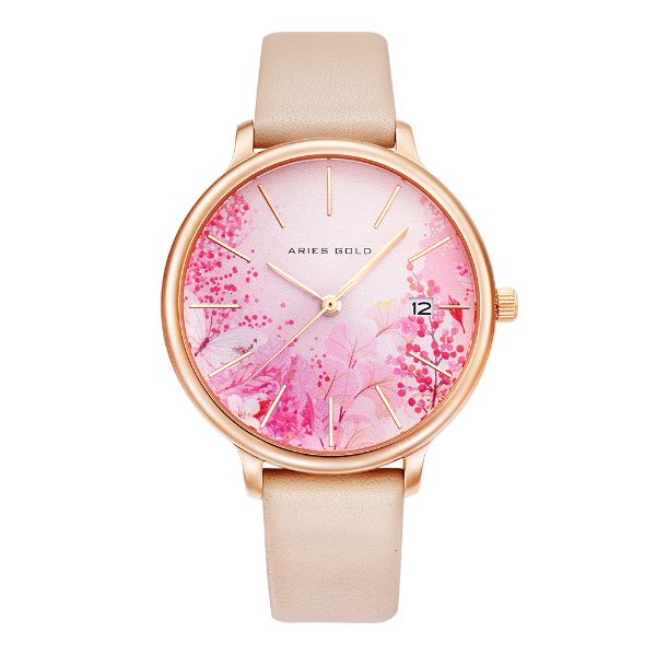 ARIES GOLD ENCHANT FLEUR ROSE GOLD STAINLESS STEEL L 5035 RG-PKFL LEATHER STRAP WOMEN'S WATCH